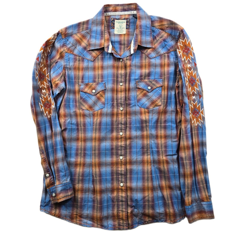 Panhandle Rough Stock Western Shirt Men Medium Blue Orange Plaid Aztec Embroider